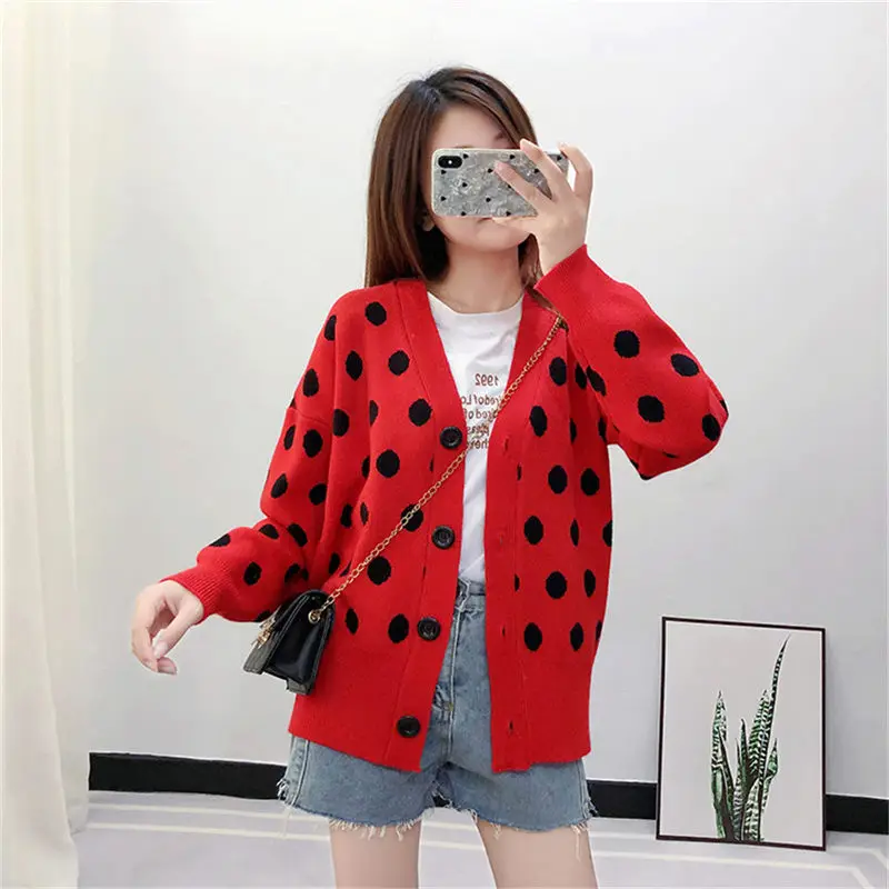 

Autumn Winter Women Red Wave point Long Sleeve Loose Knitting Cardigan Sweater Women Knitted Female Cardigan Pull Femmer