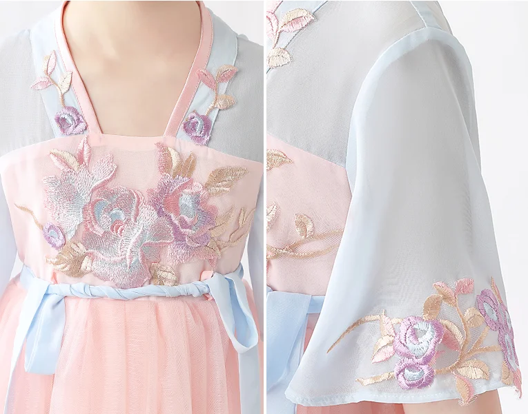 Hanfu/изысканное платье для девочек; костюм с короткими рукавами в китайском стиле; детская Одежда для танцев; Рождественский подарок; ZL11