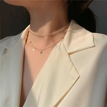 2020 Korean New Design Fashion Jewelry Double Chain Crystal Short Necklace Star Pendant Female Clavicle Necklace