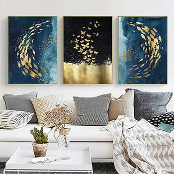 

Nordic Style Blue Luxury Canvas Painting Gold Foil Fish Group Abstract Frameless Decorative Painting No Frame