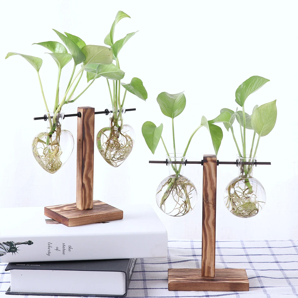 1 Set Hanging Glass Flower Vase Micro Landscape Fairy Garden Terrarium with Wood Stand, Borosilicate Heat-resistant Glass