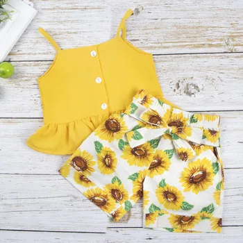 

Summer Baby Girls Clothes Casual Sets Fashion Sleeveless Vest+Sunflower Printing Short Pants Kit Kid Two-piece Outfit Set