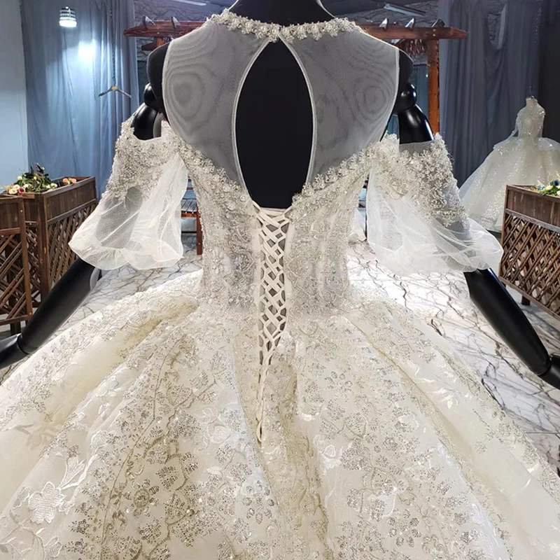 HTL1984 Elegant Extravagant Sequin Crystal Pearls Wedding Dress 2020 V-Neck Short Puff Sleeve Lace Up Back 6