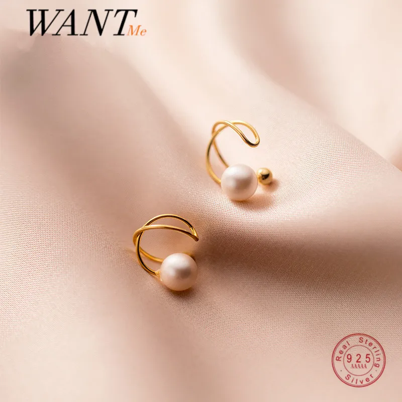 WANTME Genuine 925 Sterling Silver Pearl No Pierced Charming Ear Clip On Earrings for Women Girl Office Party Ear Cuff Jewelry