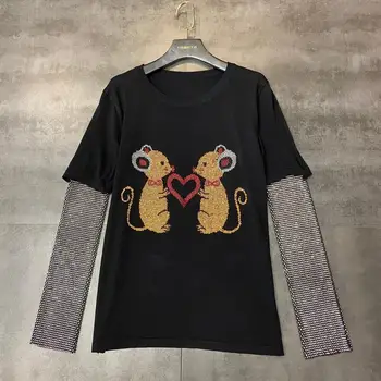 

Celebrity 2020 Spring New Cute Mouse Hot-drilled Rhinestone Thin Jumper Sweaters Women Fashion Diamond Sleeve Knitted Shirt Tops