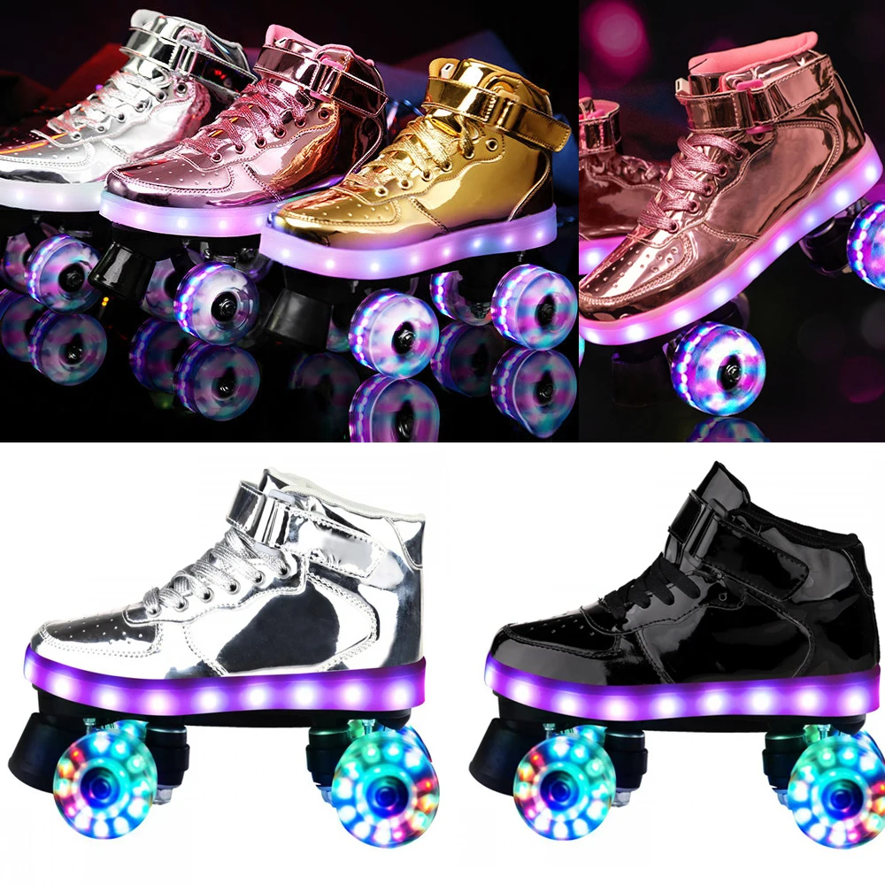 Led Rechargeable Flash Roller Skates Adult Double Row Pulley Shoes Men Women Patines 4-Wheel PU Children Luminous Skating Shoes 1