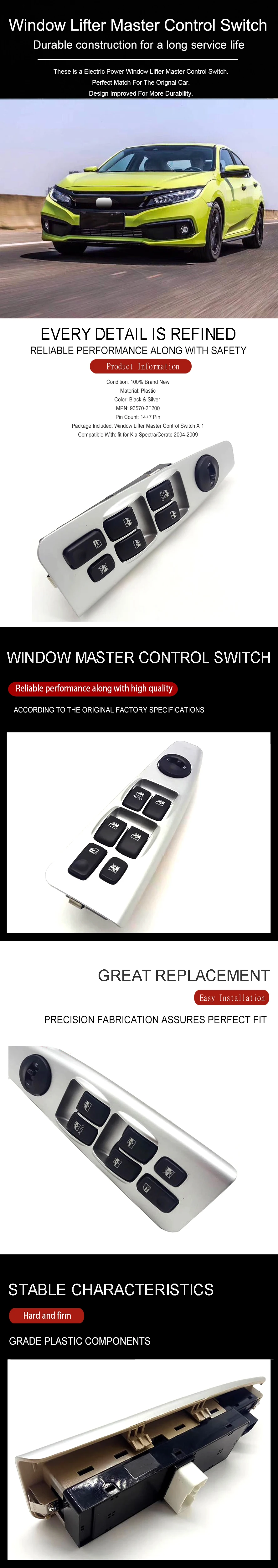 Wooeight 93570-2F200 Car Front Left Silver Electric Power Window Lifter Master Control Switch Fit For Kia Cerato 2004-2008 2009 (1)