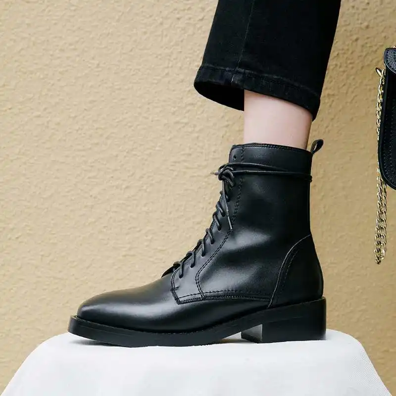 black cow leather Krazing pot/Зимние ботильоны из натуральной коровьей замши с круглым носком на среднем каблуке для отдыха, на шнуровке, французский стиль, без застежки, в стиле панк, l46 - Цвет: black cow leather