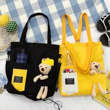 Simple Women Package Print Cute Bear Canvas Bag Handbags Japanese Literary Shoulder Bag Casual Shopping Tote Girl Handbag