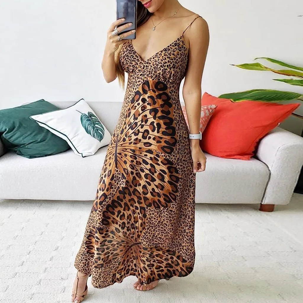 Женское леопардовое платье с глубоким v-образным вырезом и завязками-бабочками без рукавов для ночного клуба, пляжные Длинные платья vestidos de verano# guahao