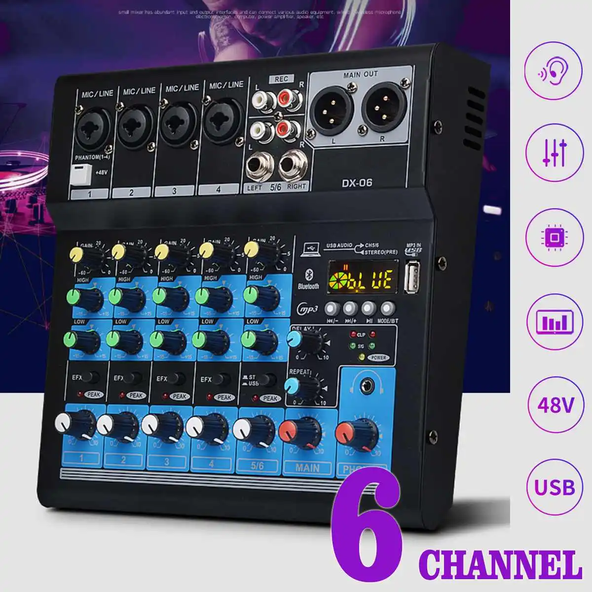 

Portable Bluetooth 6-Channels Mixing Console Audio Mixer w/USB DJ Sound Mixing Console MP3 Jack 48V Amplifier Karaoke KTV Match