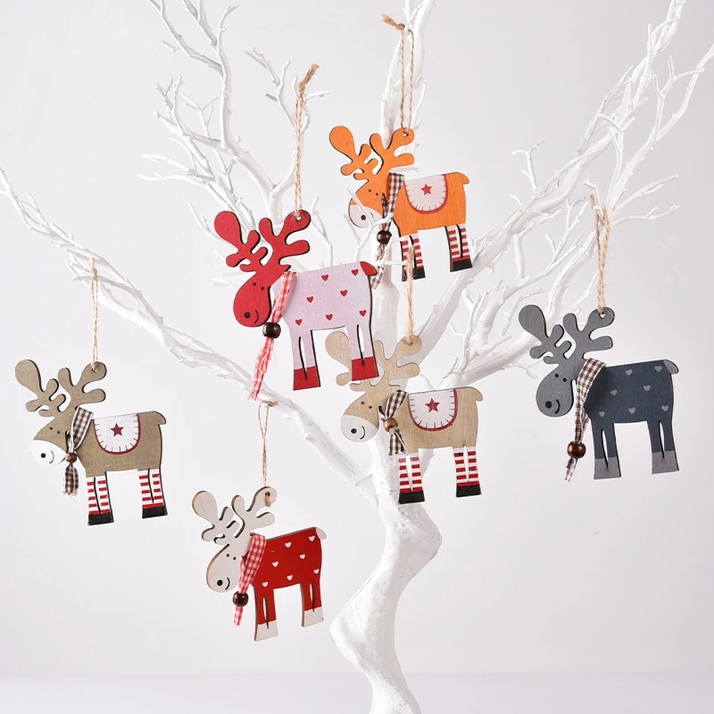 

Christmas Ornament Wooden Flat Elk Pendant Christmas Tree Window Family Car Decoration With Rope 3pc