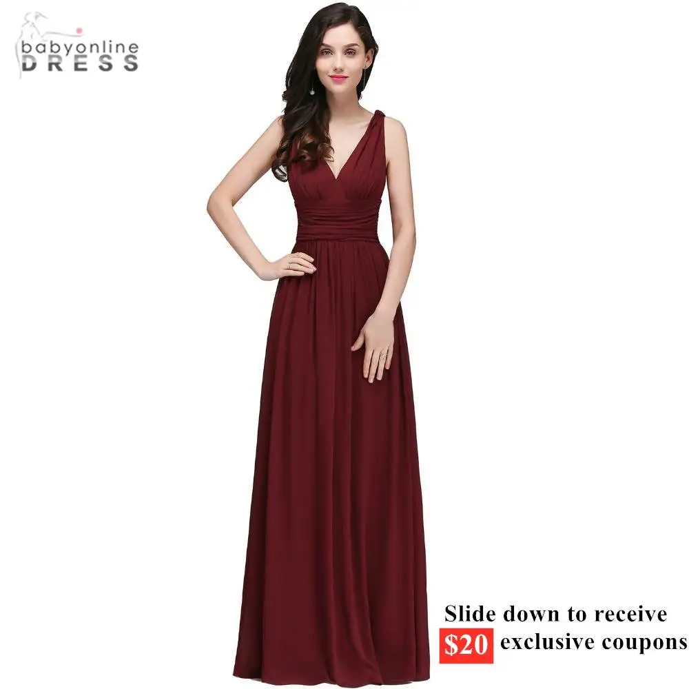 

With $20 Coupon Elegant Burgundy V Neck Long Evening Dresses Sleeveless Chiffon Ruched Formal Party Dresses vestido de festa