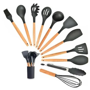 

12Pcs Kitchen Utensils Set Wood Handle Silicone Kitchen Tool Nonstick for Cooking Baking Spoon Soup Ladle Turner Spatula Tong