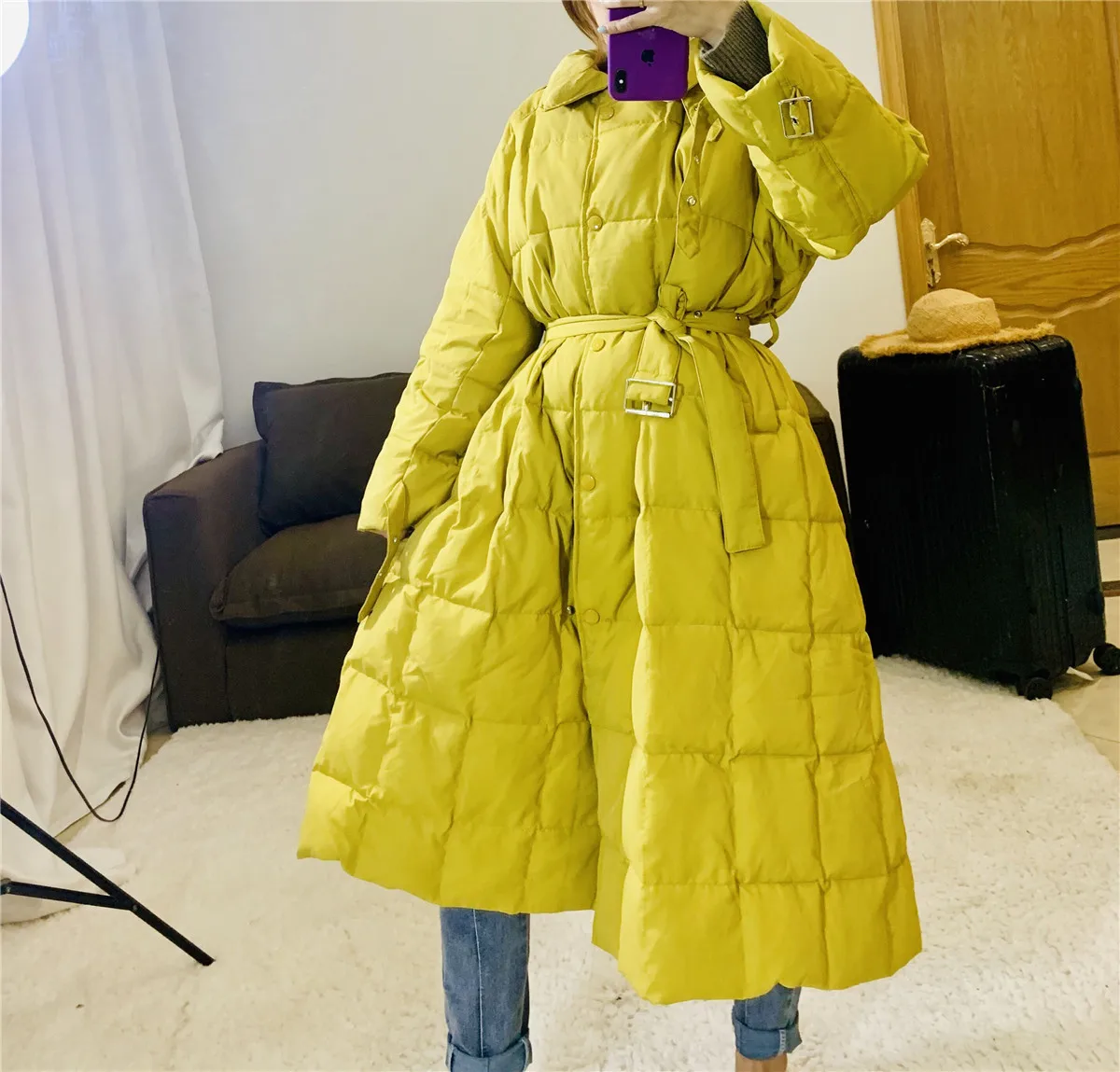 Lemon yellow Новинка, женский пуховик, длинный, плотный, свободный, в клетку, с отворотом, белый утиный пух, пальто с поясом, раздел 930 - Цвет: Lemon yellow