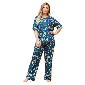 

Plus size home service fat ladies plus size home service two-piece suit printing comfortable loose short-sleeved trousers