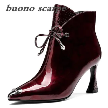 

Female autumn and winter new pointed horseshoe high-heeled cow leather patent Martin boots