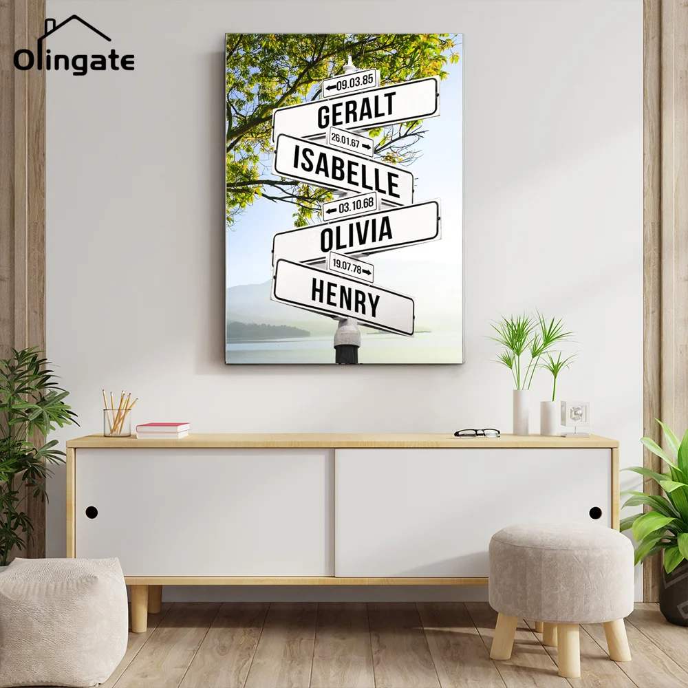 Personalized Intersection Street Sign with 4 Names Dates Canvas Painting One Piece Wall Art Custom Family Street Gift Home Decor