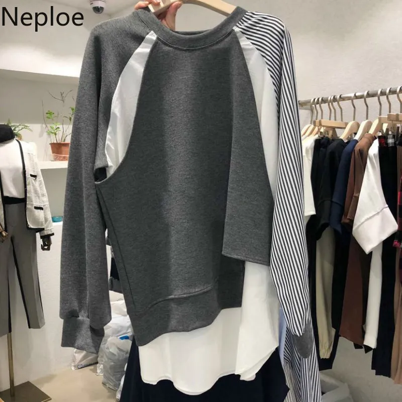 Neploe в Корейском стиле, весна-осень, с круглым вырезом, полоски контрастного цвета, толстовки с капюшоном, асимметричный пуловер с длинными рукавами в стиле пэчворк, свитер 47028