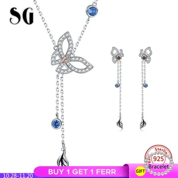 

Elegant 925 Sterling Silver Lovely Butterfly Jewelry Set for Women Long Tassel Pendant Necklace & Earrings Fashion Jewelry 2019