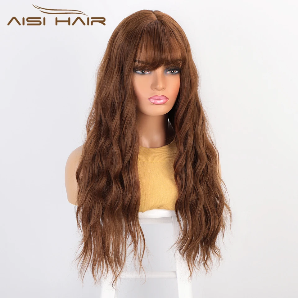 AISI HAIR длинный волнистый коричневый парик с челкой синтетические волнистые