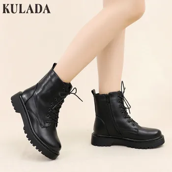 

KULADA New Boots Women Winter Fashion European Style Black Ankle Boots Flats Round Toe Black Zip Boots PU Leather Woman Shoes