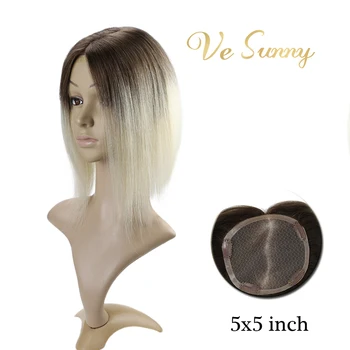 

VeSunny Hair Piece Mono Topper 100% Real Human Hair Crown Toupee with 4 Clips 5x5 inches Ombre Color Brown to Blonde #3/60