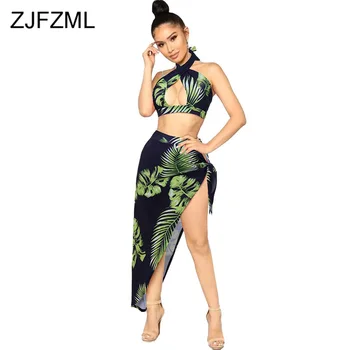 

Leaves Print Sexy Two Piece Matching Set Women Halter Backless Crop Top and Side Split Maxi Skirt Summer Beach Hohemian Outfits