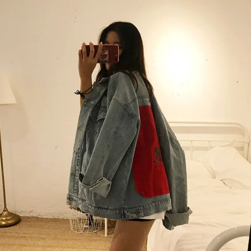 

Net red denim jacket female loose ins tide 2020 spring new Korean retro Hong Kong flavor patch denim shirt