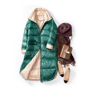 

2019 Autumn Winter Korean version of the loose large size collar collar hit color bright down jacket female long section K150