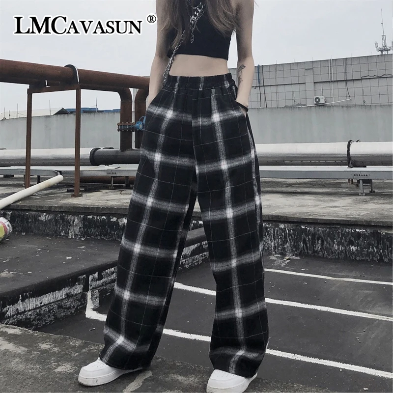 LMCAVASUN брюки женские 2019 новые осенние уличные ретро Harajuku решетки свободные прямые повседневные широкие брюки