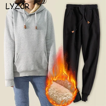 

Autumn Winter Cashmere Tracksuit Women Velvet Thick Warm 2 Piece Set Women Fleece Sweatshirt And Pants Plus Size Two Piece Set