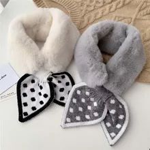 

80cm*9cm Plush Scarf Love Heart Dot Printed Knitted Scarf Female Faux Rabbit Fur Neck Collar Scarves Cross Small Neckerchief