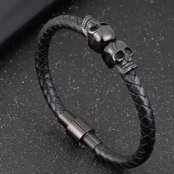 

Men Bracelet Ghost Head Men's Leather Bracelet Skull Bangles Magnetic-clasp Cowhide Braided Trendy Armband Pulsera Hombre
