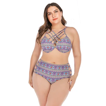 

2020 New Sexy Floral Patchwork Swimsuit Women Plus Size Swimwear Strappy Bandage Bathing Suit L-4XL Girl High Waist Bikini Set