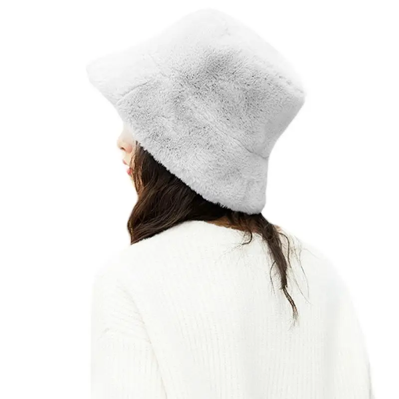 Женская зимняя утолщенная пушистая плюшевая Рыбацкая шапка, одноцветная шляпа от солнца с широкими полями - Color: Light Gray