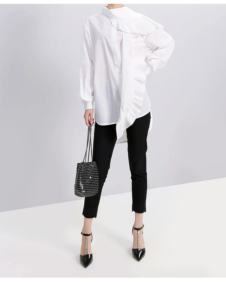 [EAM] Женская плиссированная однотонная блузка, новая рубашка свободного кроя с воротником-стойкой и длинным рукавом, модная весенняя Осенняя 1A178