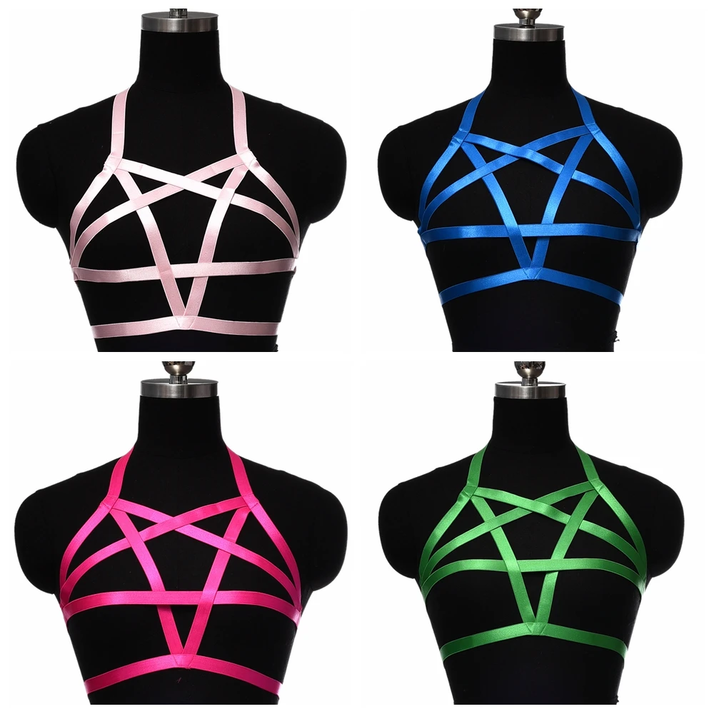 BONDAGE STRAPPY Women Pentagram Harness Cage Bra Pastel Goth Body Harness Harajuku Bra Multicolor Harness Bra Punk Sexy Lingerie