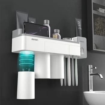 

Bathroom Accessories Set Toothbrush Holder Wall Mount Stand Toothpaste Squeezer Dispenser Automatic Storage Rack Organizer