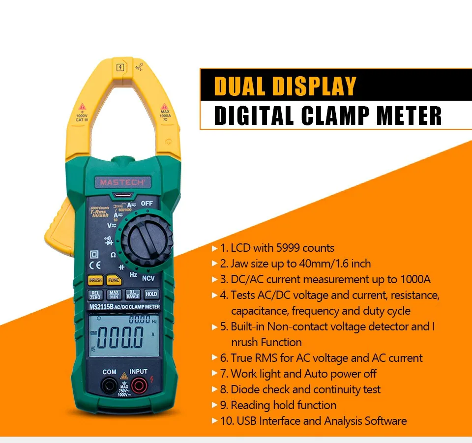 

MASTECH MS2115B Digital current clamp meter AC/DC current voltage 6000 Counts NCV trms USB clamp meter mulitimeter tester 1000A
