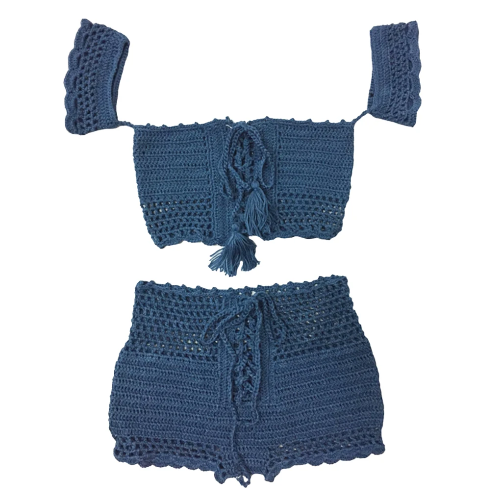 

Women Lady Bohemian Two Piece Crochet High Waisted Swimwear Bikini Set Blue Lace Knit Swimsuit Bathing Suit