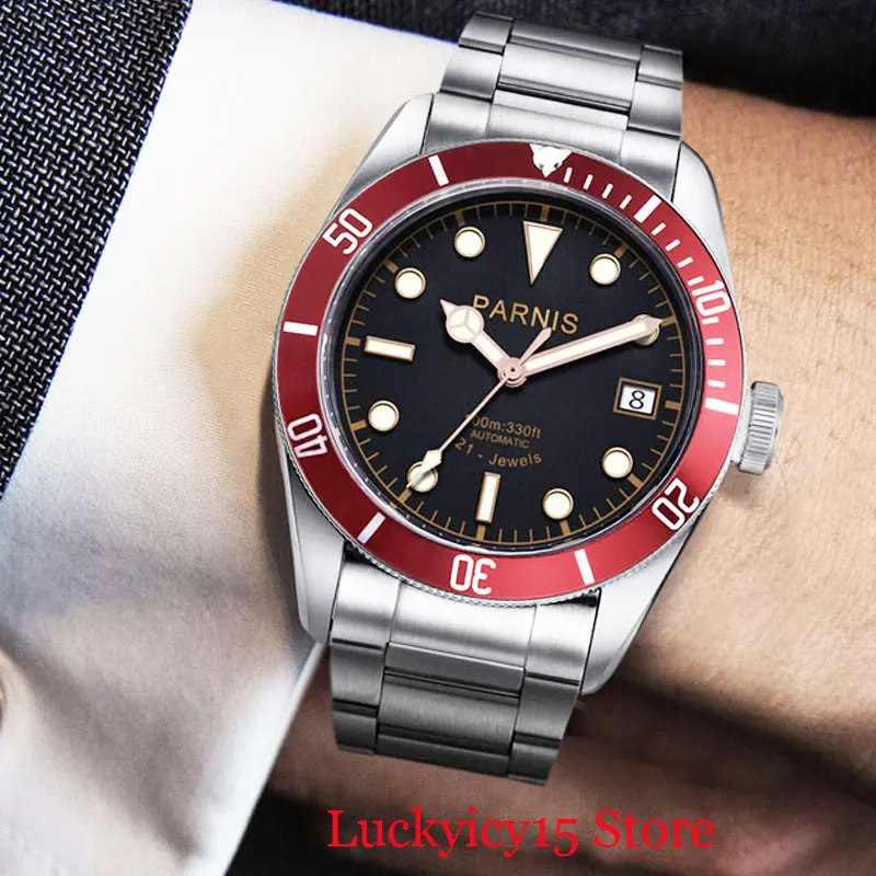 PARNIS роскошные мужские наручные часы с календарем окно сапфировое стекло 41 мм Серебристый футляр для часов автоматическое движение мужчин t