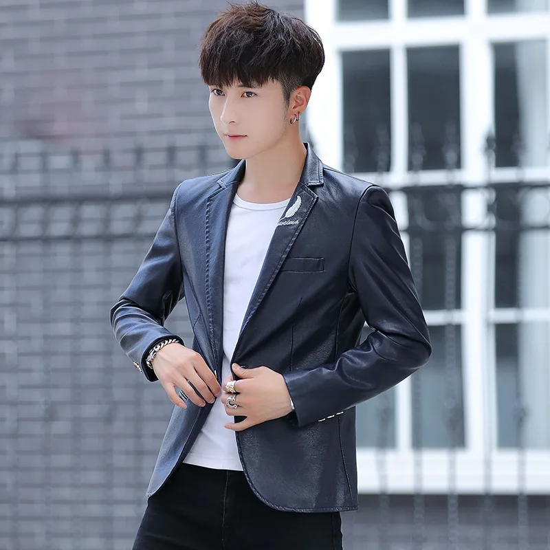

Men pi xi zhuang Korean-style Handsome Youth Slim Women's Suit Collar Leather Coat Spring And Autumn Hair Stylist Suit