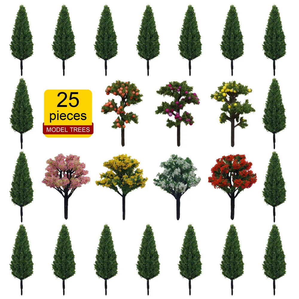 

25 PCS mixed micro landscape model tree pine tree train track railway