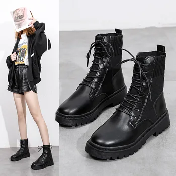 

Martin Boots Women's 2019 Autumn And Winter New Style Korean-style Versatile Thick Bottomed Thin Boots Lace-up Flat Heel Short B