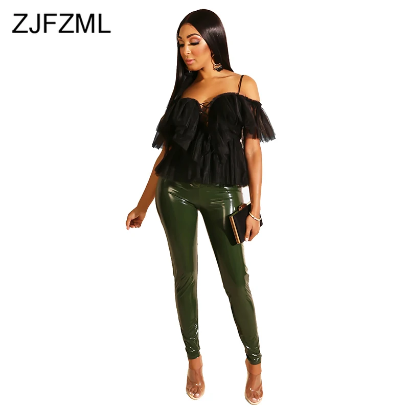 

Sexy Ruffles Mesh T Shirts for Women Spaghetti Strap Backless Lace Up Tee Shirts Elegant Short Sleeve Causal Parties Summer Tops