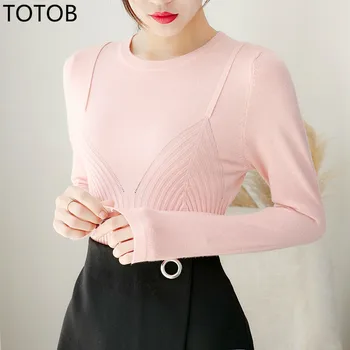 

autumn winter sweet sweater women O Neck Long Sleeve Pullover Female Knitted sweater slim fake two piece jumper top black beige