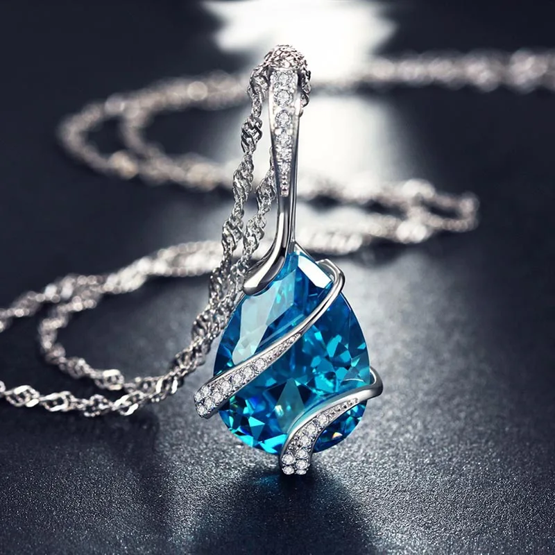 Капля воды резкая установка кубического циркония ожерелье серьги набор морской синий цвет вечерние комплекты украшений для женщин