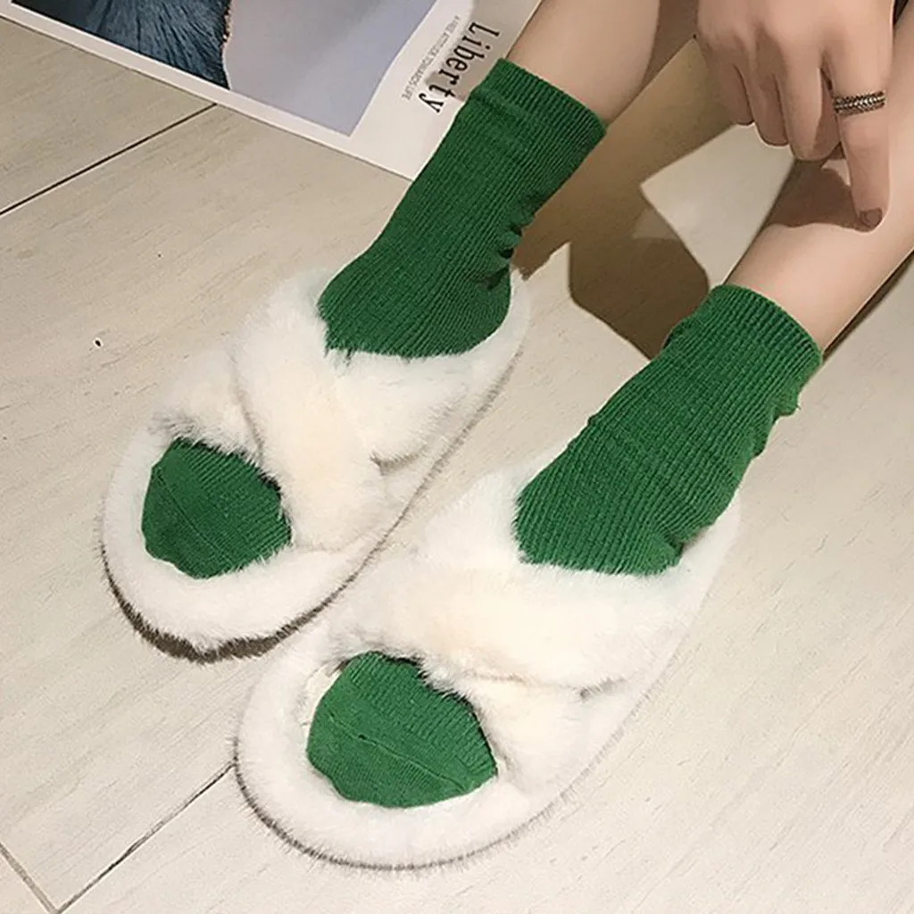 

Cross Plush Belt Winter Woman Cotton Slippers Faux Fur Slip On Flat Shoes Spring Autumn Winter Female Solid Color House Shoes