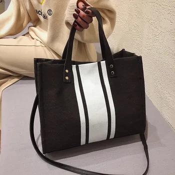 

Canvas fashion style simple large capacity shopper bag unisex striped pattern casual handbag multifunctional shoulder bag